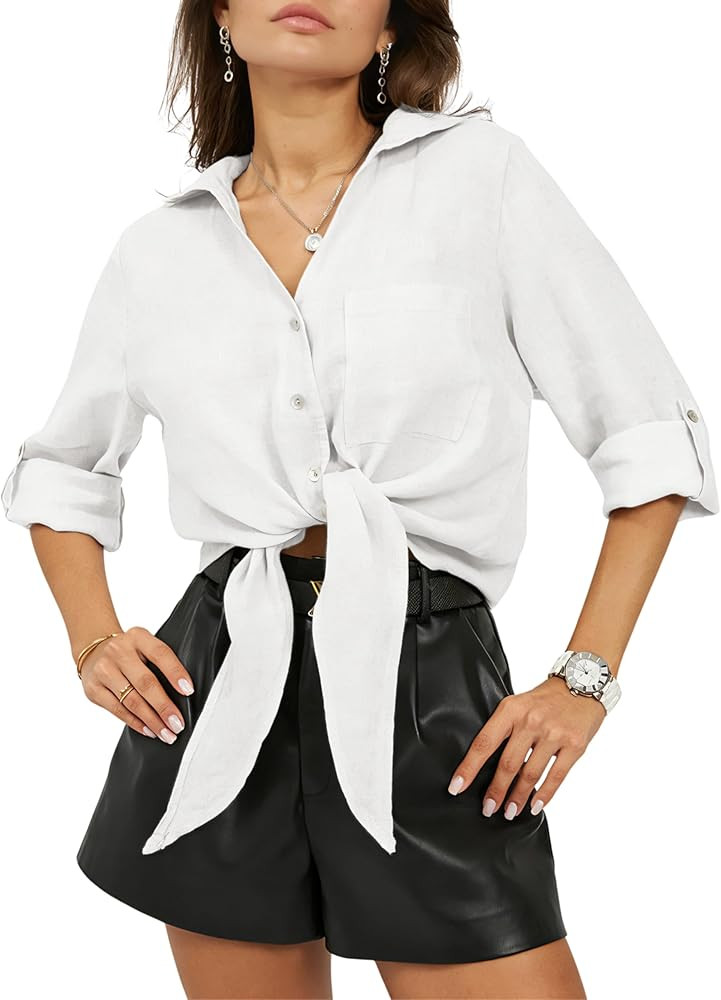 Omoone Tie Front Shirts for Women Button Down V Neck 3/4 Sleeve Loose Summer Casual Cotton Linen ... | Amazon (US)