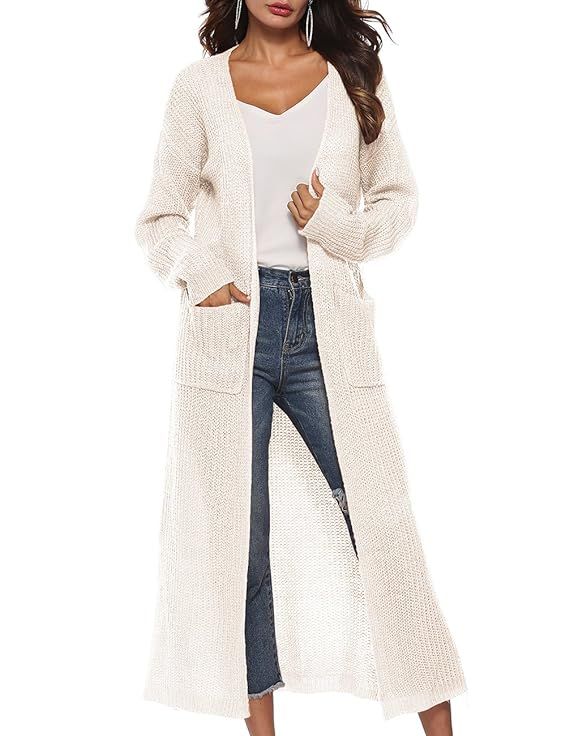 Womens Casual Long Sleeve Open Cardigan Sweater Maxi Knitted Slide Split Dusters with Pockets S -... | Amazon (US)