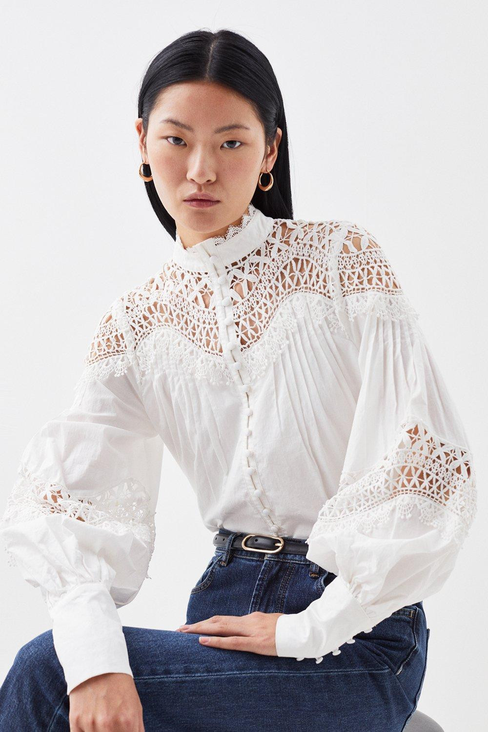 Cotton Poplin Embroidered Woven Blouse | Karen Millen US