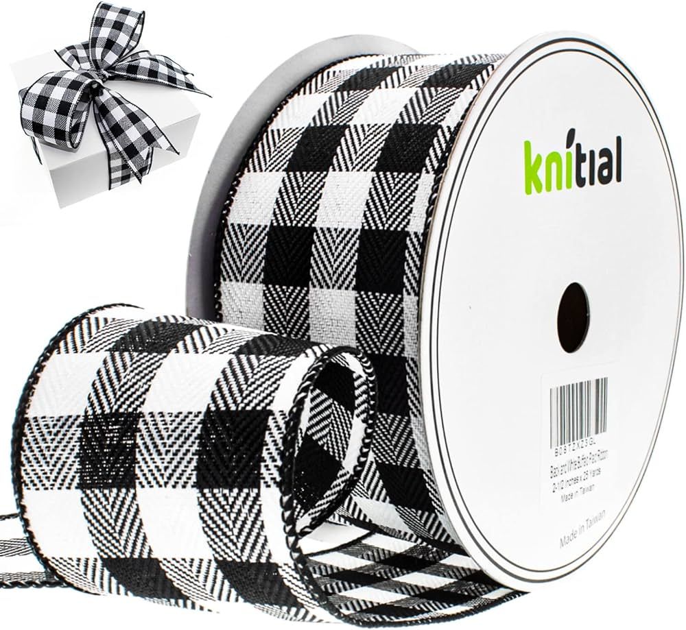 Knitial Wired Buffalo Plaid Ribbon 2-1/2 Inches x 25 Yards Black and White Buffalo Check Ribbon f... | Amazon (US)
