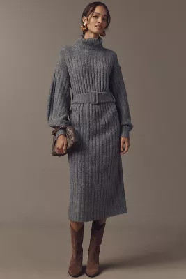 By Anthropologie Long-Sleeve Turtleneck Belted Sweater Midi Dress | Anthropologie (US)