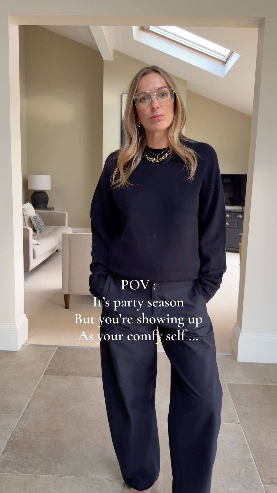 A little reminder… you can wear whatever you like over the festive period! 
It’s a nice opportunity to dress up for many of us but it absolutely doesn’t have to sparkle, shine, or push you out of your comfort zone. As a stylist, my happy place will always be simple and understated. I know my style language and what it does for me. Every now and then I’ll dress up, but only on my terms.
Comfort first. Confidence follows. ✨

I’m back in those navy Uniqlo trousers because so many of you have them. Try a monochrome look with a similar tone knit and then elevate it with a statement shoe and a few great accessories. Simple, chic &amp; effortless. 

Throw on a chic wool coat and you’re set for drinks, dinner, Christmas Day even. Probably not a night of raving 😉 but no judgement here.

Wool jumper borrowed from the boys - medium 
Trousers - large 
Jacket - large 
Shoes - true to size - uber comfy festive flats 😉

#LTKdatenight #LTKwinter #LTKfestive