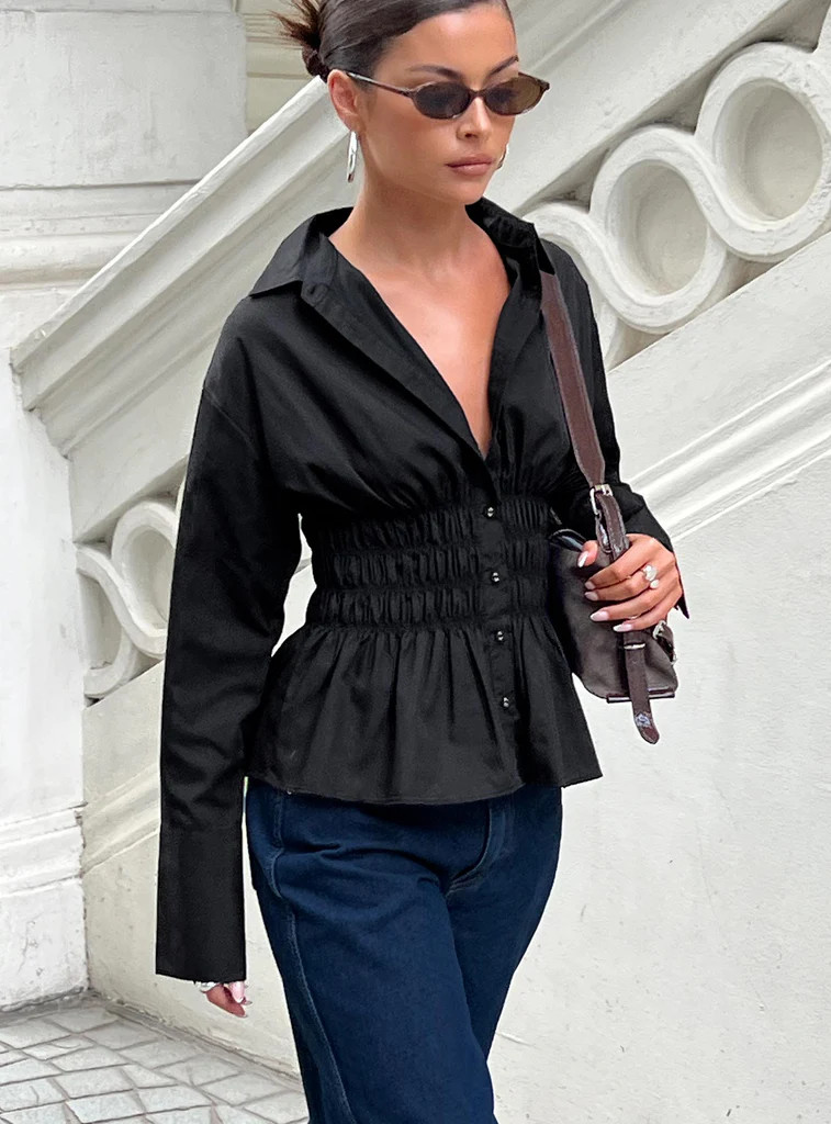 As You Are Shirred Button Up Top Black | Princess Polly US