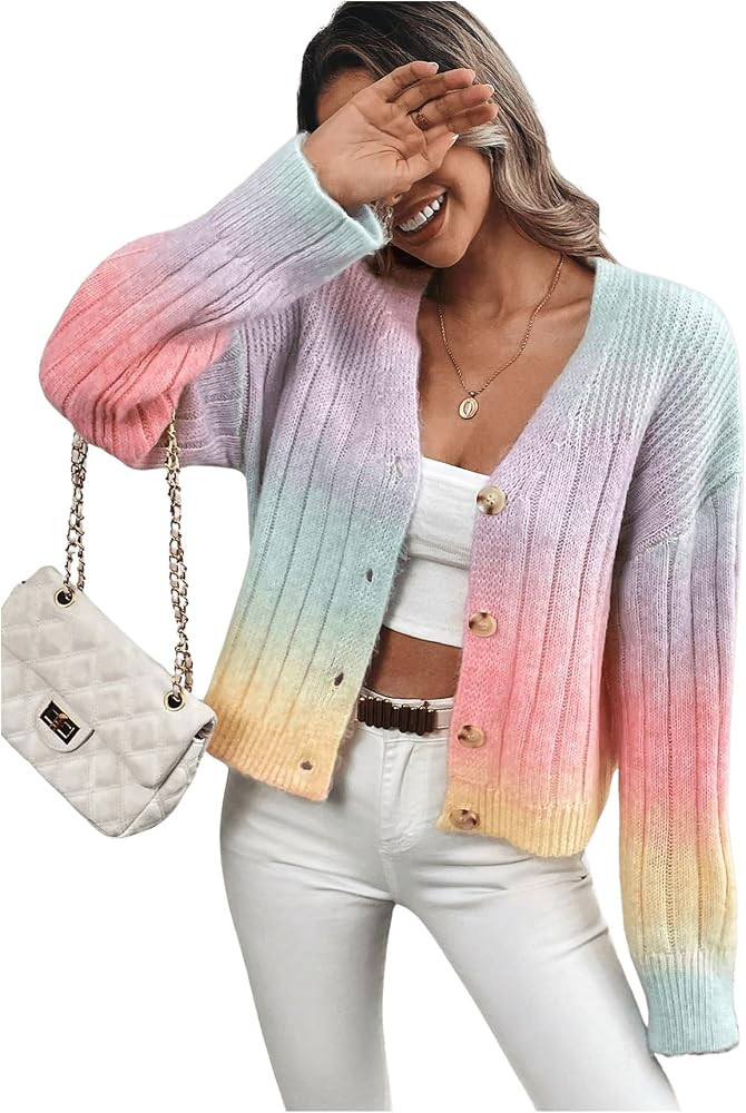 MakeMeChic Women's Colorful Chunky Cropped Cardigans Button Down Long Sleeve Drop Shoulder Rainbo... | Amazon (US)