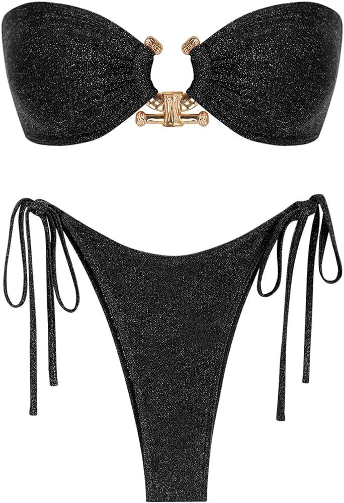 ZAFUL Metal Ring Bandeau Bikini Set Tie Side Bathing Suit High Cut 2 Piece Swimsuit Cutout Swimwe... | Amazon (US)