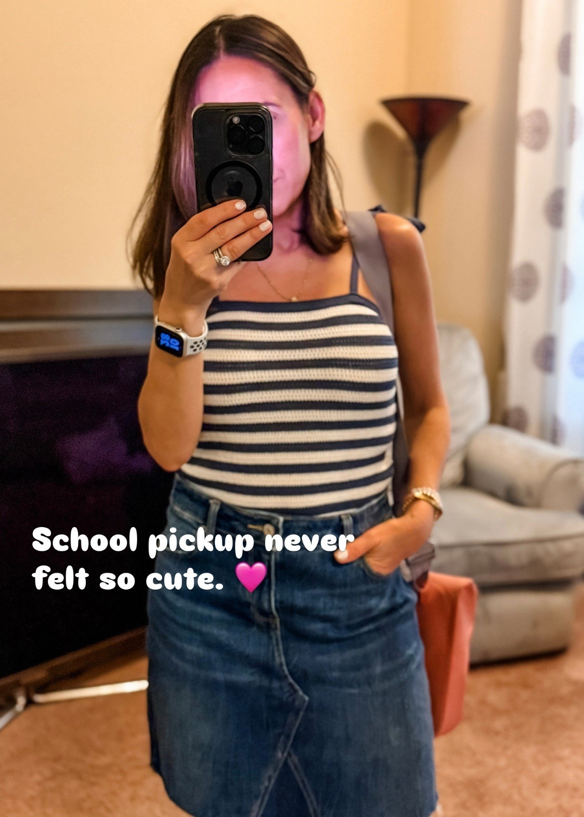 White and blue tank top with straps that tie. I love this because it makes them adjustable. 
Jean skirt is a favorite. It’s not available, but a few similar Jean skirts are linked.

#LTKootd #LTKPetite #LTKOver40