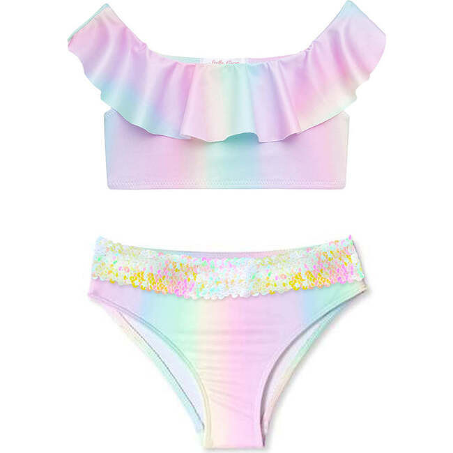 Ruffle Neck Line Bikini With Sequin Belt, Rainbow | Maisonette