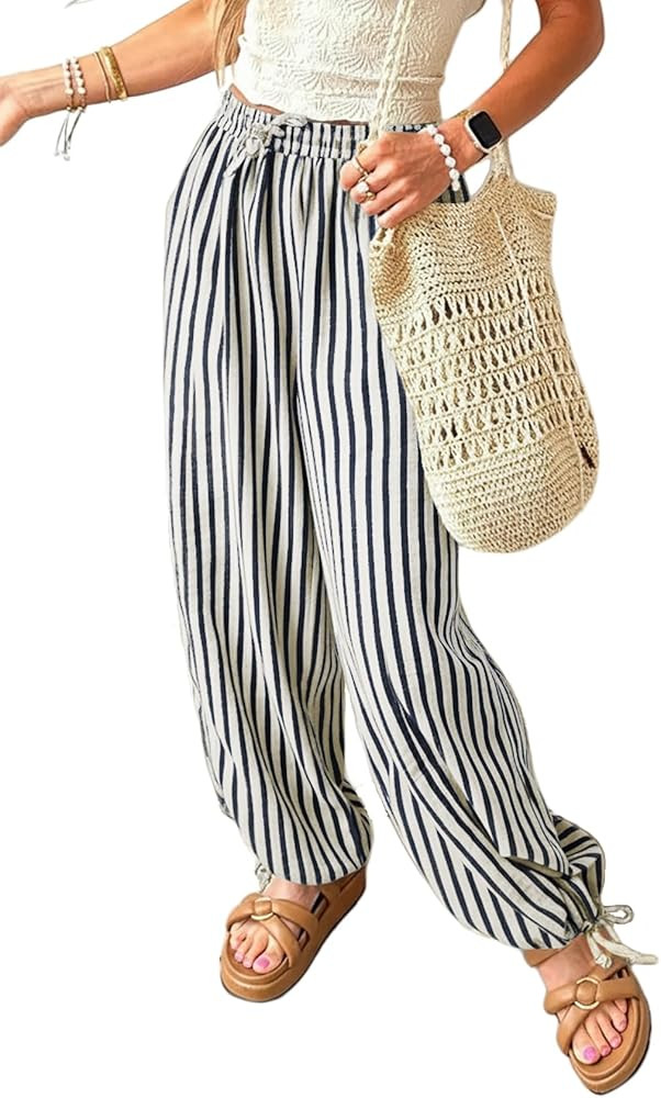Acelitt Women Drawstring Elastic Waist Striped Pants with Pockets, S-XXL | Amazon (US)