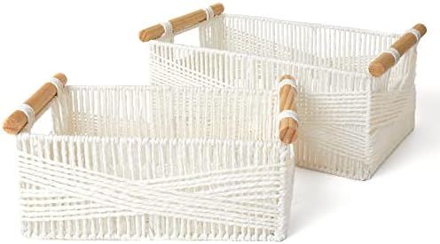 LA JOLIE MUSE Wicker Storage Baskets for Organizing, Recyclable Paper Rope Basket with Wood Handl... | Amazon (US)