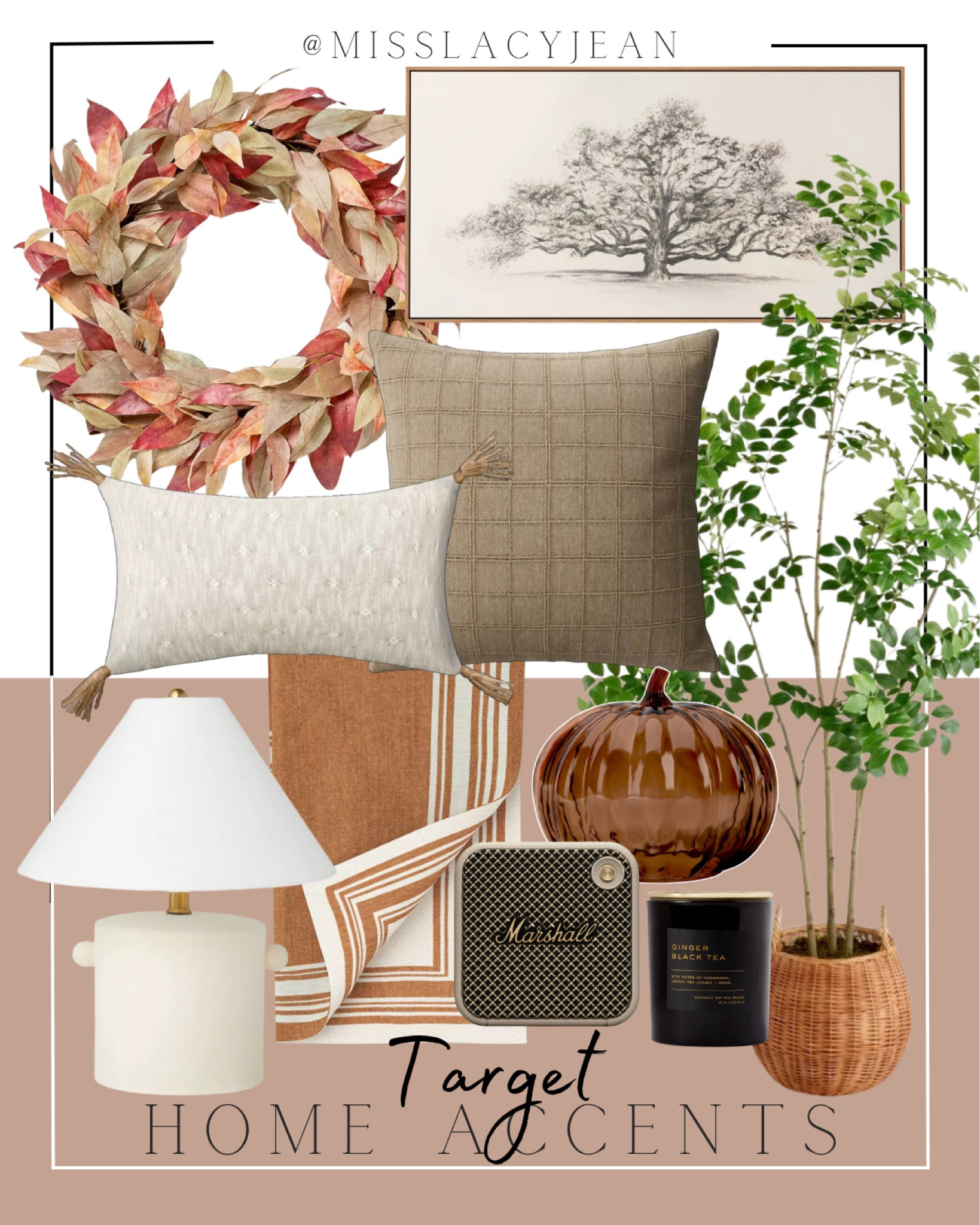 Target home accents includes wreath, wall art, faux tree, throw pillows, table lamp, throw blanket, speaker, glass pumpkin, candle.

Home decor, Target home, fall home, fall home decor

#LTKHome #LTKFindsUnder50 #LTKStyleTip