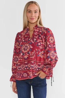 Haven Burgundy Printed Split Neck Top | Avara