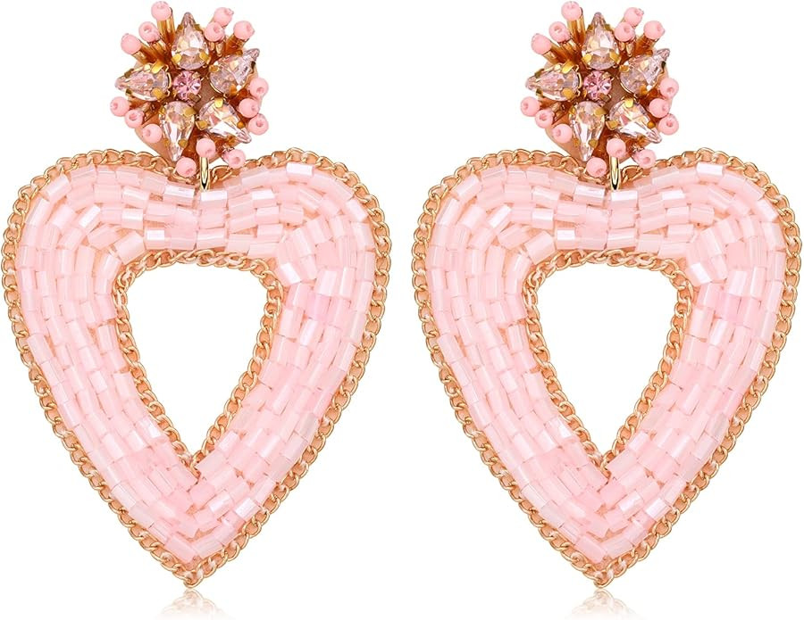 Valentine’s Day Earrings Beaded Heart Drop Earrings Edged in gold beading Fashion Trendy Big Lo... | Amazon (US)