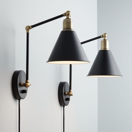 360 Lighting Modern Wall Lamp Plug-In Set of 2 Black and Antique Brass for Bedroom Reading Living... | Walmart (US)