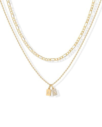PAVOI 14K Yellow Gold Plated Initial Letter Double Dog Tag Pendant Necklace | Dainty Cubic Zirconia Letter Tag Round Box Chain Necklaces for Women | A Initial | Amazon (US)