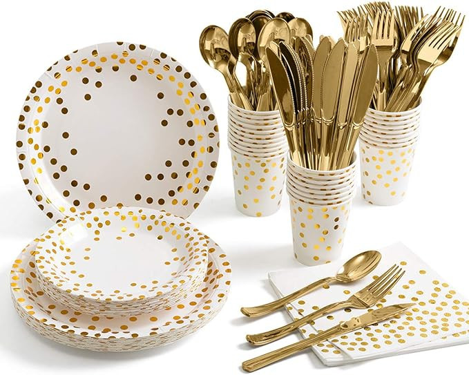 HOMIX 175 Piece Gold Party Supplies Set Serves 25 - Gold Paper Plates Napkins Cups with Gold Plas... | Amazon (US)