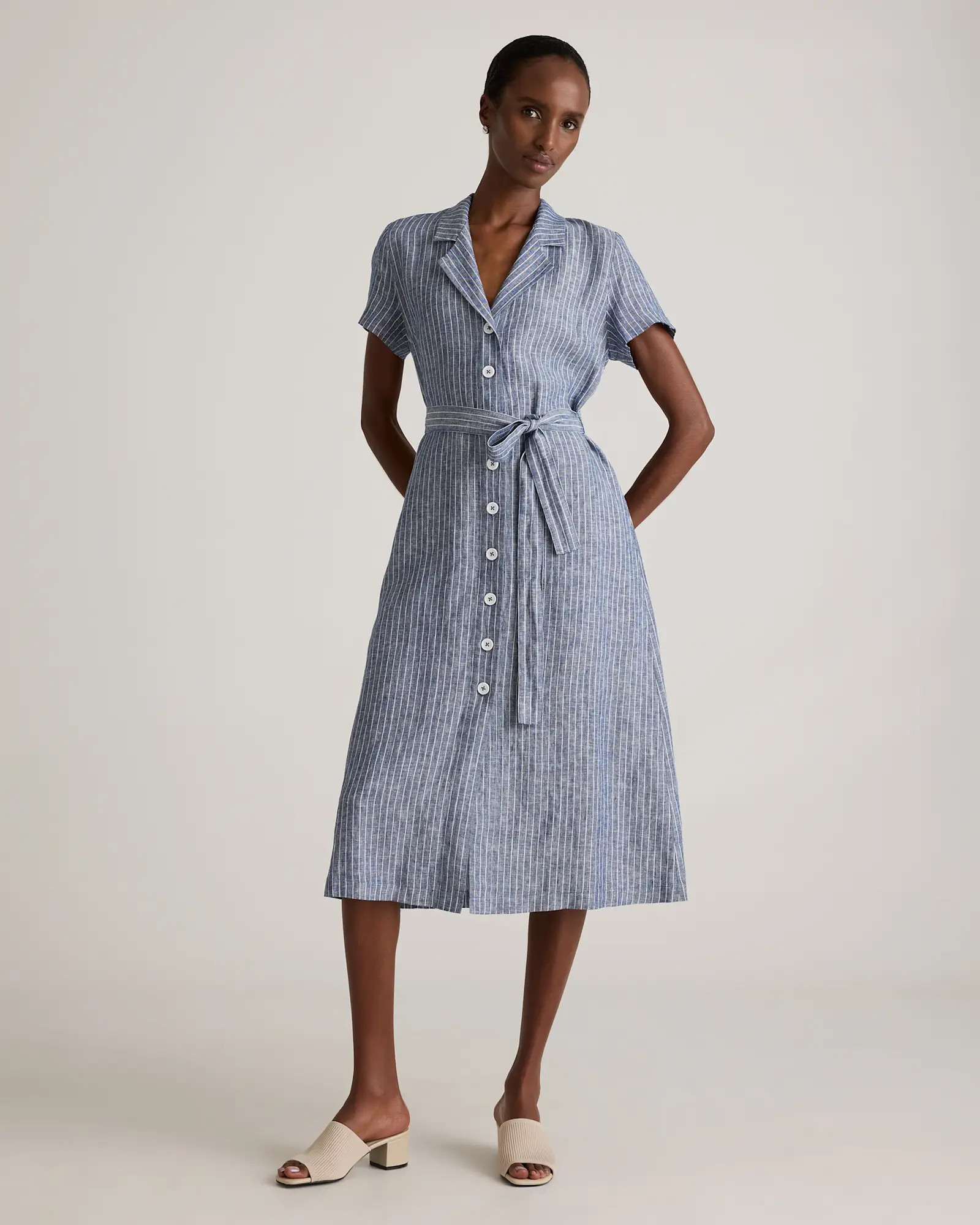 100% European Linen Button Front Dress in Chambray Stripe | Quince