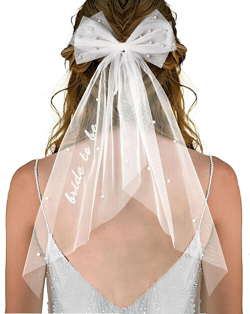 Bride to Be Embroidered Hair Bow Veil for Bachelorette Party Bridal Shower Tulle Pearl 2 Tier Bow... | Amazon (US)