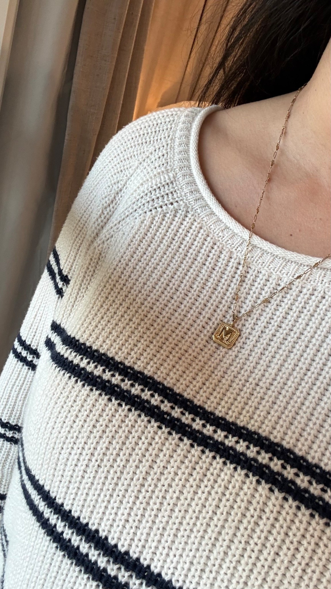 Sweater in size XL (for an oversized look and bump) 
Necklace: I went with a different chain than the set, and purchased the charm separately. For the chain length I went with 21-22” 