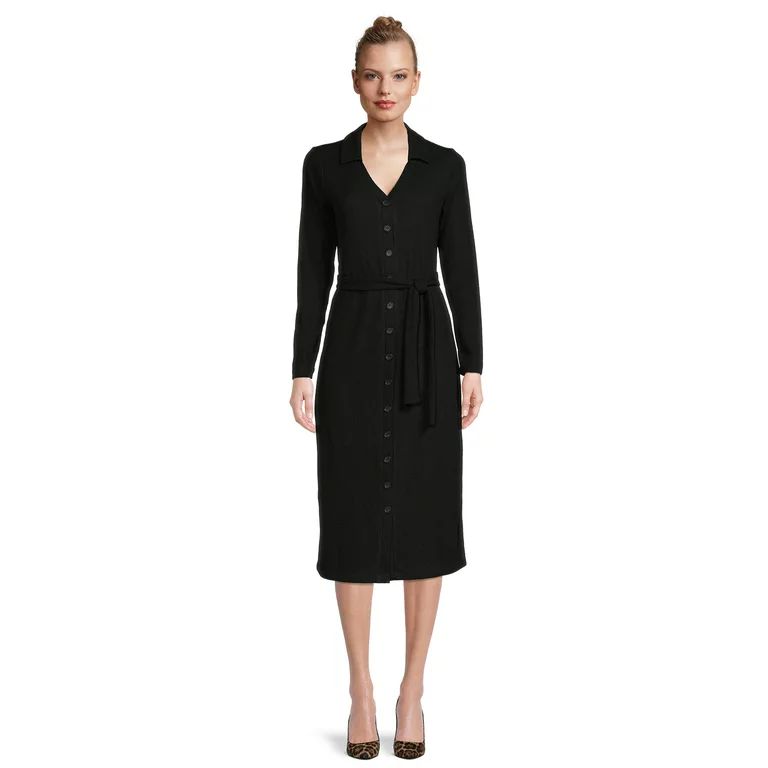 Time and Tru Women's Button Front Knit Midi Dress with Long Sleeves | Walmart (US)