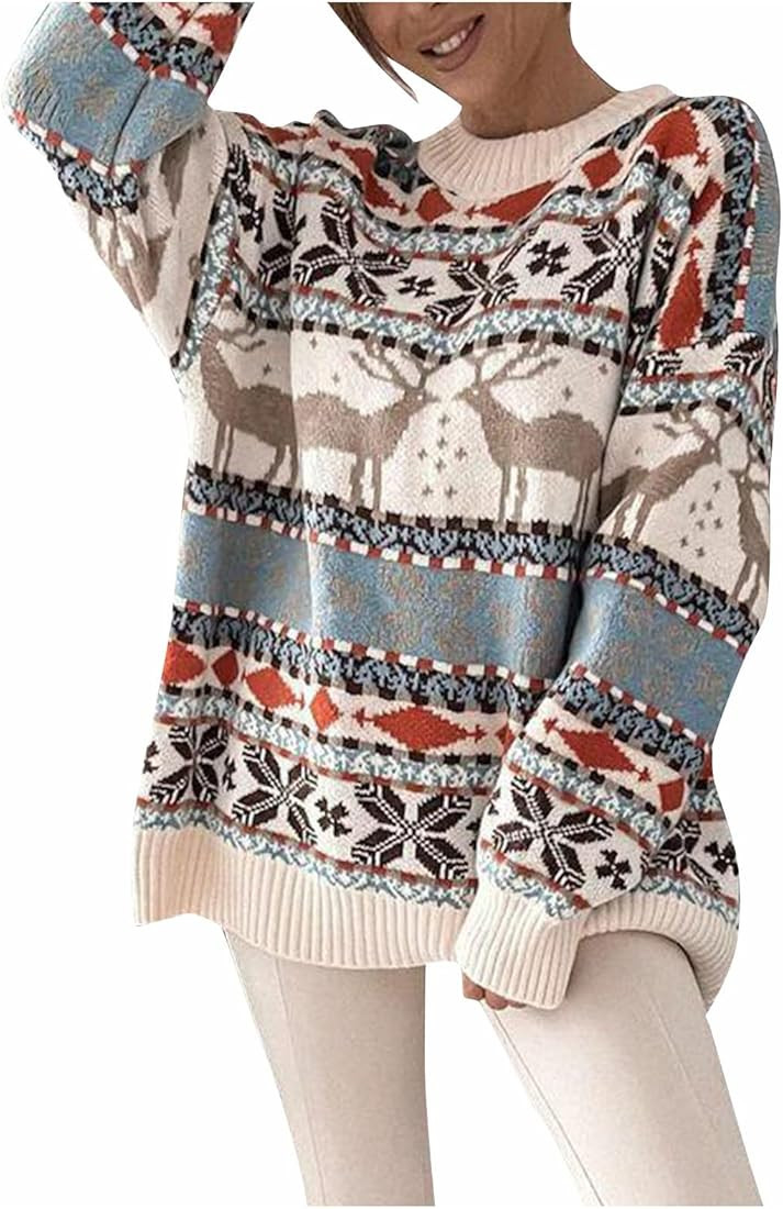 Womens Christmas Fleece Sweater Reindeer Snowflake Round Neck Long Sleeve Jumper Fun and Cute Sweate | Amazon (US)