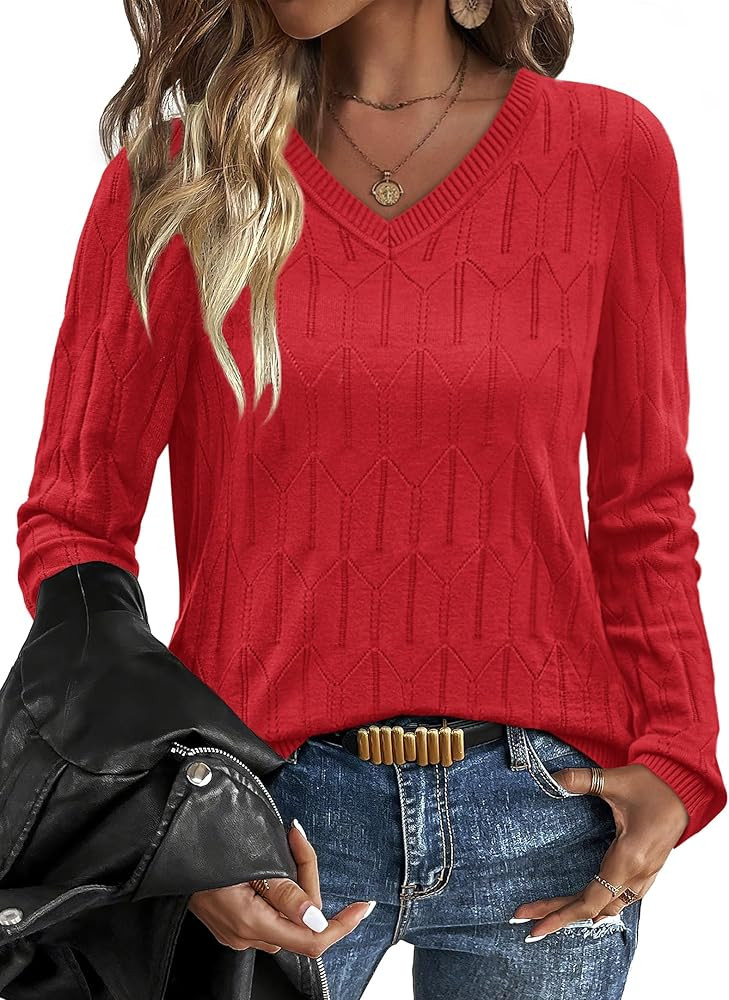 OFEEFAN Womens Sweaters Long Sleeve Shirts Fall Outfits 2025 V Neck Soft Knit Pullover Trendy Top... | Amazon (US)