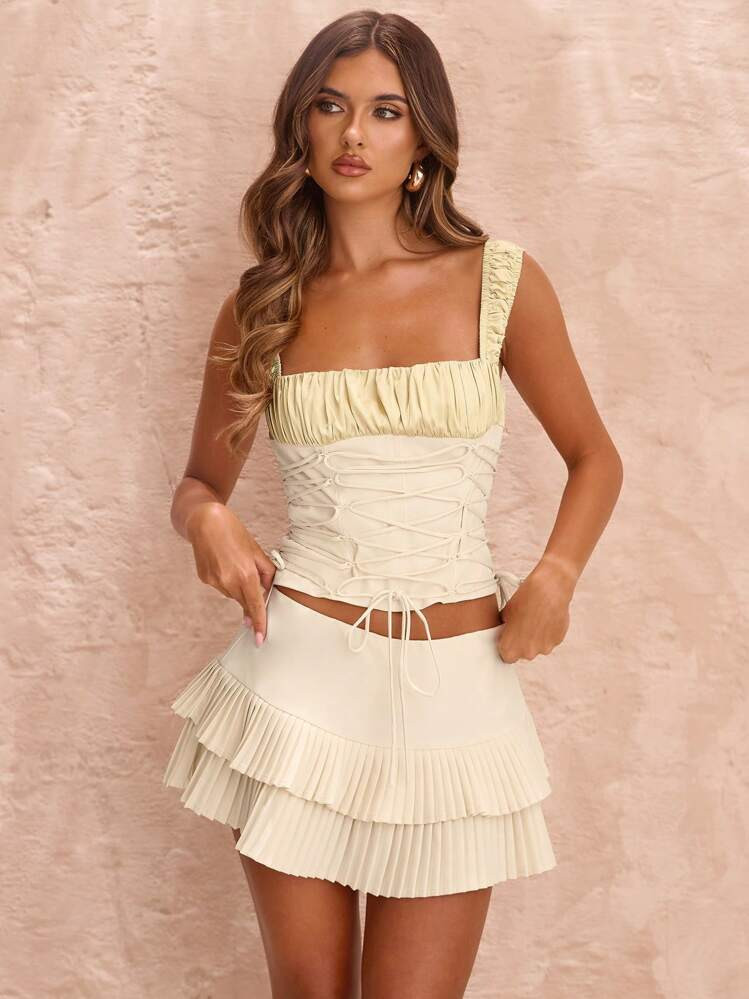 SHEIN BAE Summer Beach Vacation Elegant Solid Apricot Women's Tank Top Cross Strap Satin Pleated Square Neck Women's Top, Suitable For Daily Dating, Night Out, Nightclubs, Parties, Get-Togethers, Cocktail Parties, Pool Parties, Holiday Tops Tank Tops, Commuter Tops Tank Tops, Office Wear, Tea Break Tops,Rave Top | SHEIN