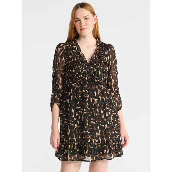 Time and Tru Women's Smocked Chiffon Mini Dress with Long Sleeves, Sizes XS-XXXL | Walmart (US)