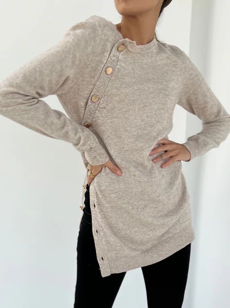 Elena Longline Button Sweater | Taupe | Vita Grace