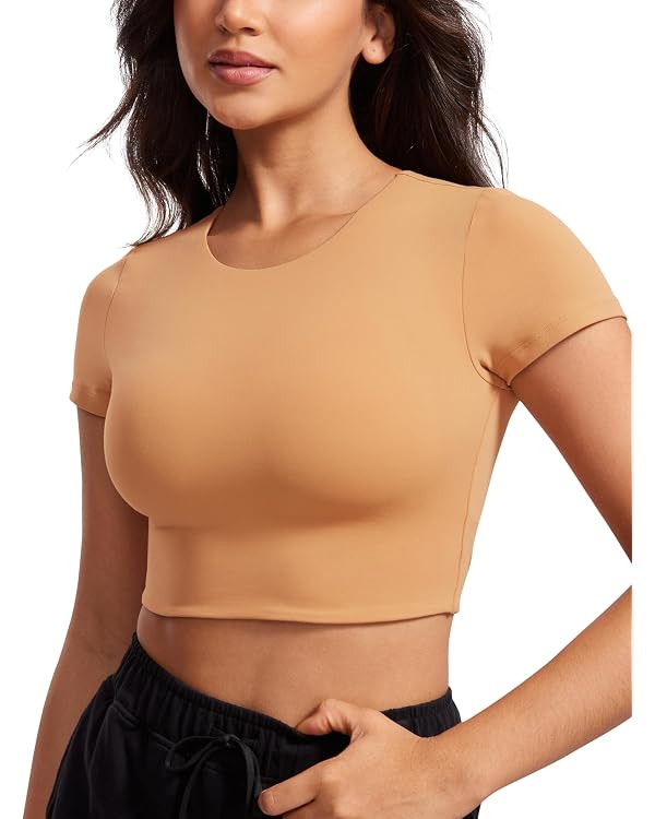 CRZ YOGA Womens Butterluxe Double Lined Short Sleeve Crop Tops Crew Neck Casual Workout T-Shirt C... | Amazon (US)