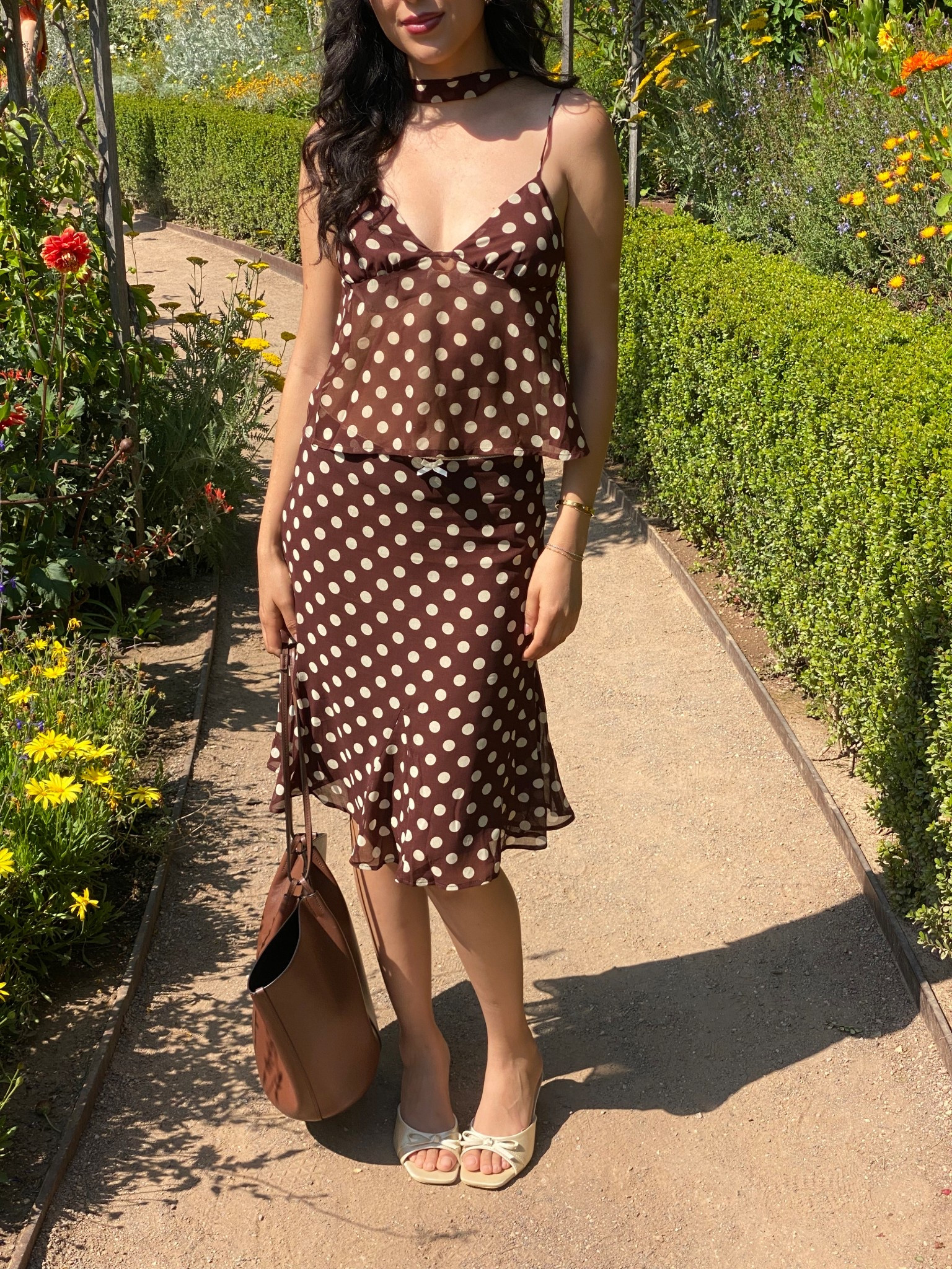 Polka dot brown skirt and top with scarf #polkadot 

#LTKSeasonal #LTKStyleTip #LTKFindsUnder100