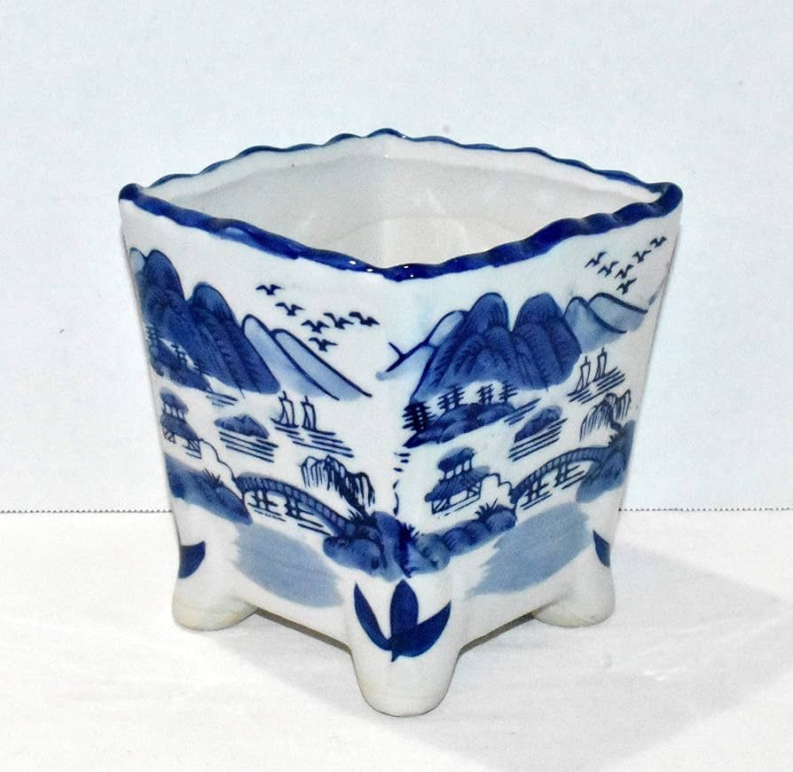 New 6" Cobalt Blue & White Oriental Mountain Water Theme Square with Feet Bonsai Planter Pot | Amazon (US)