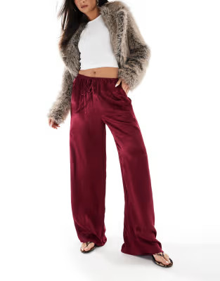 Miss Selfridge wide leg satin trouser in burgundy | ASOS (Global)