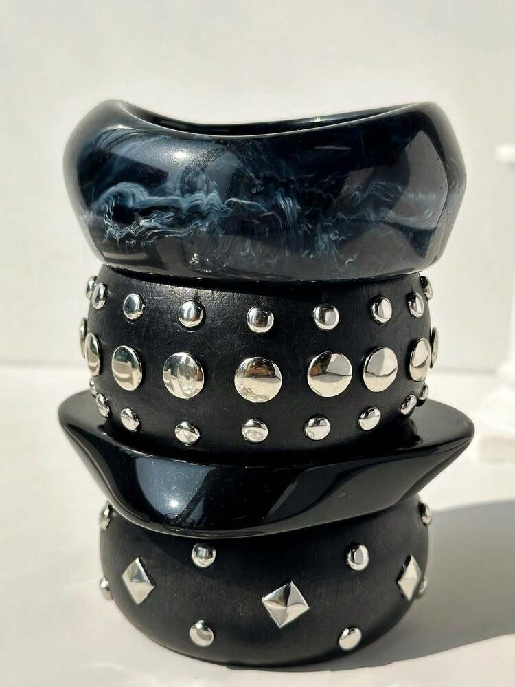 Black Wood Silver Rivet Retro Exaggerated Asymmetrical Black & White Tie Dye Resin Bracelet, Autumn/Winter Sweater Decor Bracelet, Fashion Magazine Photoshoot Bracelet | SHEIN