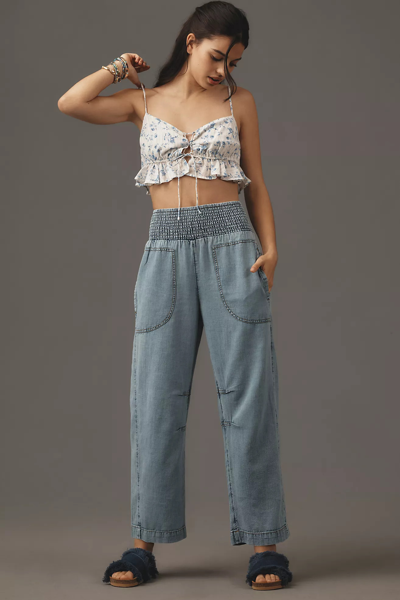 The Reese Smocked Denim Pull-On Barrel Pants | Anthropologie (US)