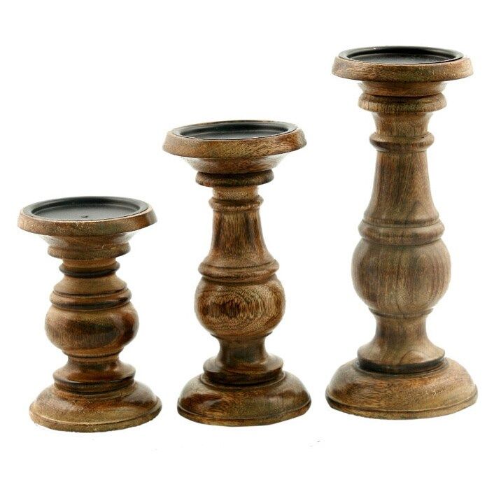 Benzara Natural Wooden Finish Pillar Shaped Candleholder, Set of 3, Brown (Brown) | Bed Bath & Beyond