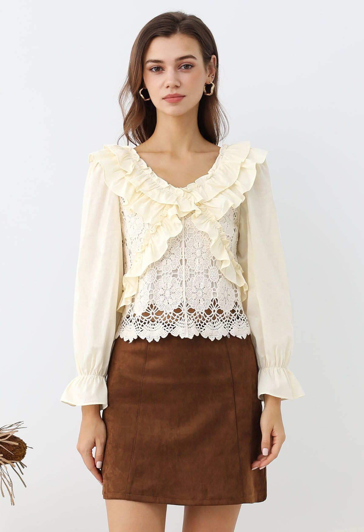 Tiered Ruffle Floral Crochet Cutwork Crop Top | Chicwish