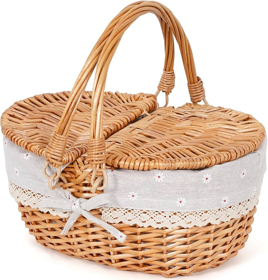 Happypicnic 12" Picnic Basket - Small Wicker Basket with Foldable Handle Lid & Removable Liner | ... | Amazon (US)