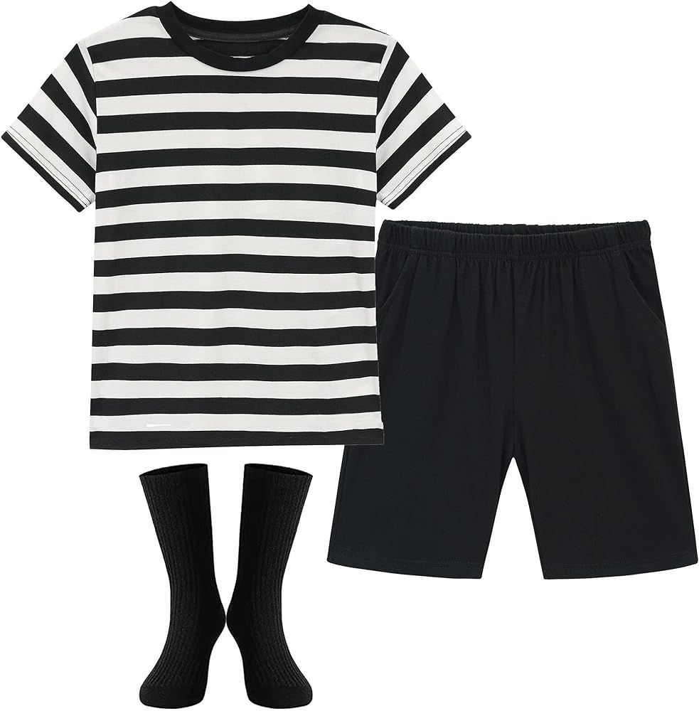 HMPRT Halloween Costumes for Boys- Black and White Striped Shirt, Black Short and Tube Socks | Amazon (US)