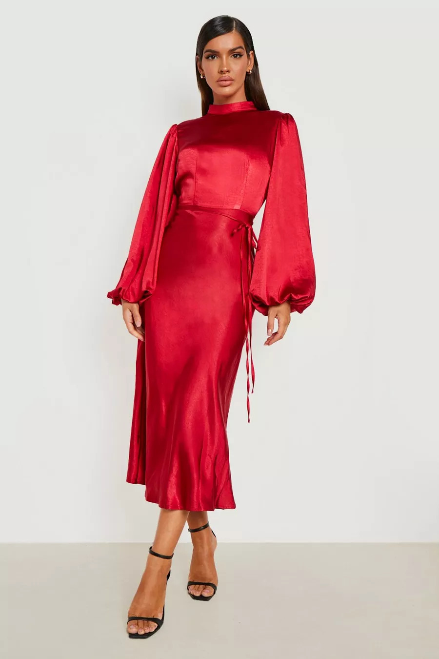 Satin High Neck Balloon Sleeve Midi Dress | Boohoo.com (UK & IE)
