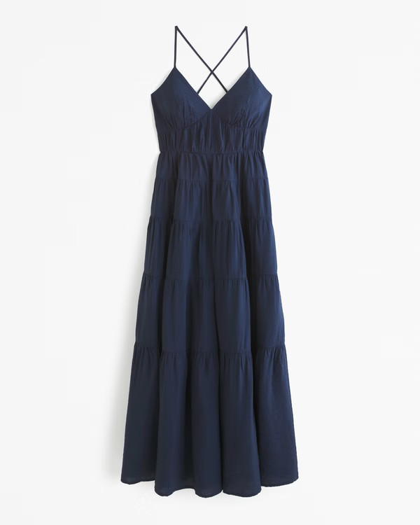 Women's Flowy Tiered Maxi Dress | Women's New Arrivals Abercrombie Dress Navy Dress Navy Blue Dress | Abercrombie & Fitch (US)