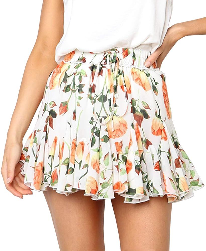 Women' Floral Layered Ruffles Tie up High Waist Short Pleated Skirt | Amazon (US)
