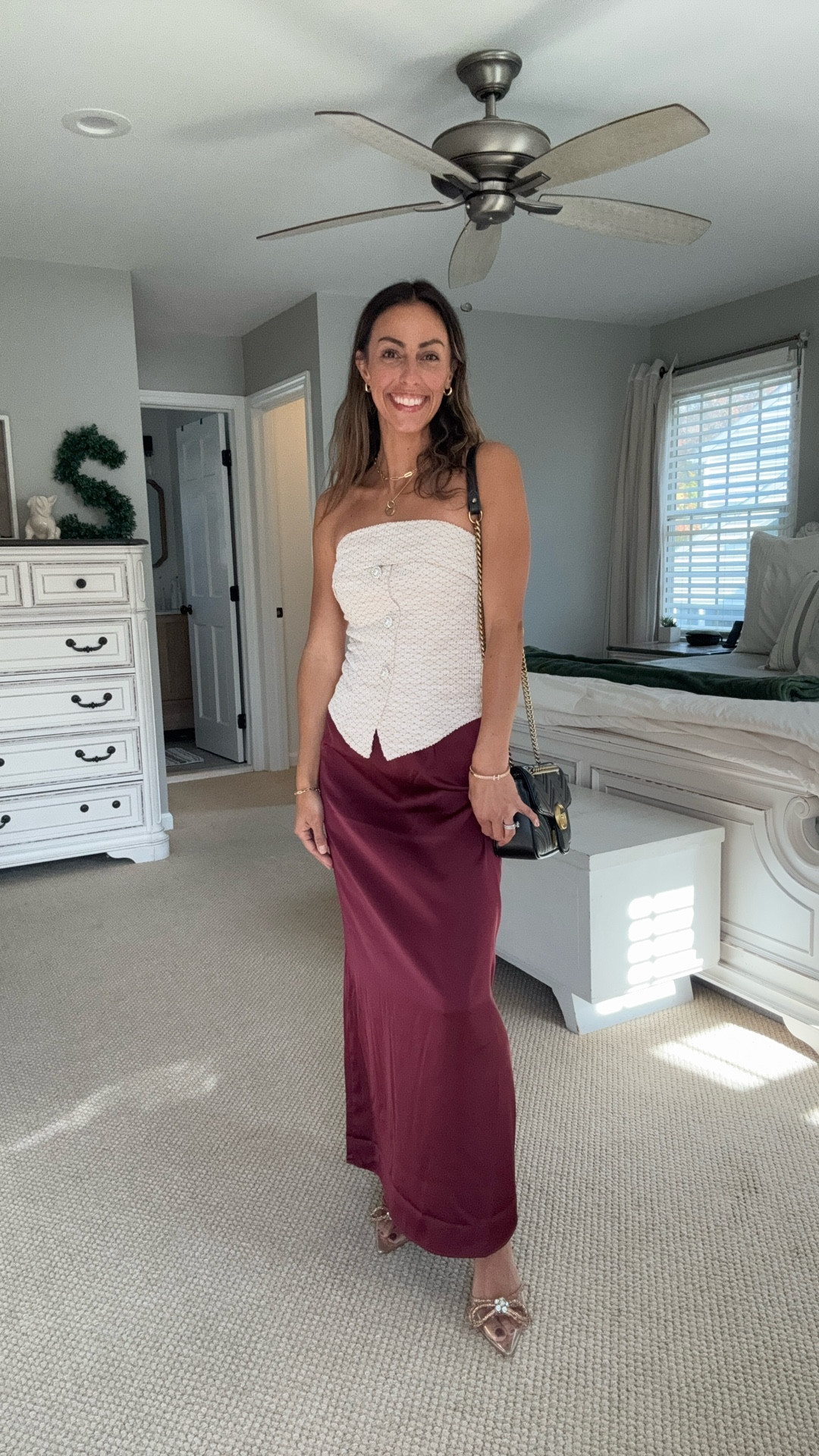 chic & classy outfit idea for the holidays  ✨

Wear a chunky cardigan, blazer, or a fancier coat for extra warmth! 

Holiday photos | Christmas photos | family pictures | chic outfit | classy outfit | silk skirt | kitten heels | burgundy skirt | tube top | style inspo | outfit inspo | mom style

#LTKStyleTip #LTKHoliday #LTKFindsUnder100