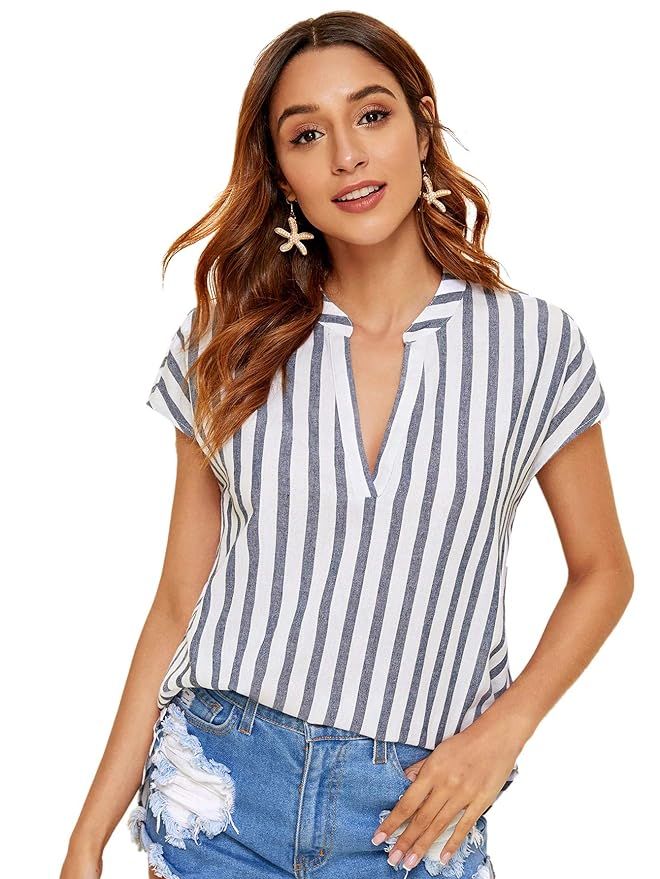 Floerns Women's Causal V Neck Short Sleeve Striped Shirt Blouse Top | Amazon (US)