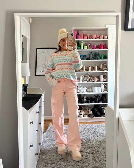 Winter outfit ideas / winter to spring transition outfit idea featuring new American eagle arrivals. 

Love this cozy sweater only $17!!! (wearing size small) with these straight leg cargo pants (wearing size 000 regular and am 24” waist and 5’2”) 