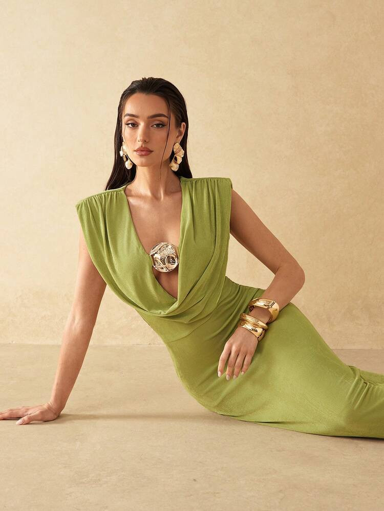 Silquee Avocado Green Draped Neckline, Metallic Shoulder Pads, Sexy And Elegant Women's Dress, Sleeveless Dress, Elegant Attire, Bridesmaid Dress, Wedding, Beach Vacation Wear, Date/Outing/Nightclub Party/Party Dress, Elegant Party/Date Dress, Party/Date/Banquet Dress, Valentine's Day And Evening Outing Dress, Bridesmaid Dress, Romantic Date Dress, High-End Party Dress, Formal Party Dress, Graduation Dress, Stage Performance Dress, Dinner Party, Club, Nightclub.,Summer Dresses For Women | SHEIN