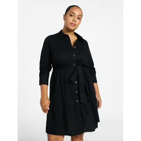 Terra & Sky Women s Plus Size Tiered Shirt Dress with Long Sleeves Sizes 0X-5X | Walmart (US)
