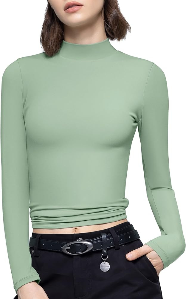 PUMIEY Women's Long Sleeve T Shirts Mock Turtleneck Slim Fit Tops Sexy Basic Tee Smoke Cloud Pro ... | Amazon (US)
