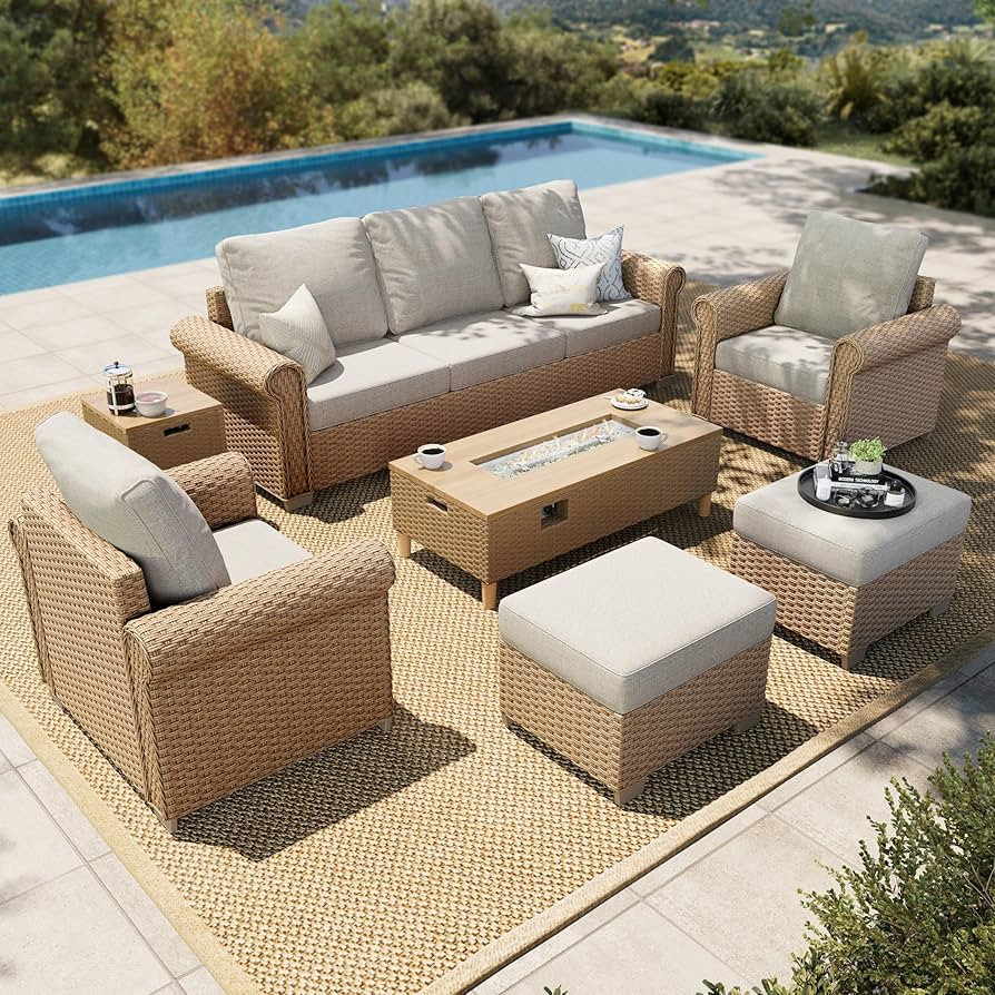 HERA'S HOUSE 7 Pieces Patio Furniture Sets, Outdoor Rattan Furniture with 5.5" Cushions & Ottoman... | Amazon (US)