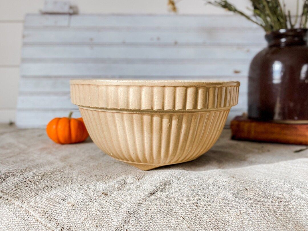 Vintage 9" Tan Crock Bowl, Ribbed Stoneware Mixing Bowl, Farmhouse Primitive Antique Pottery, Vin... | Etsy (US)