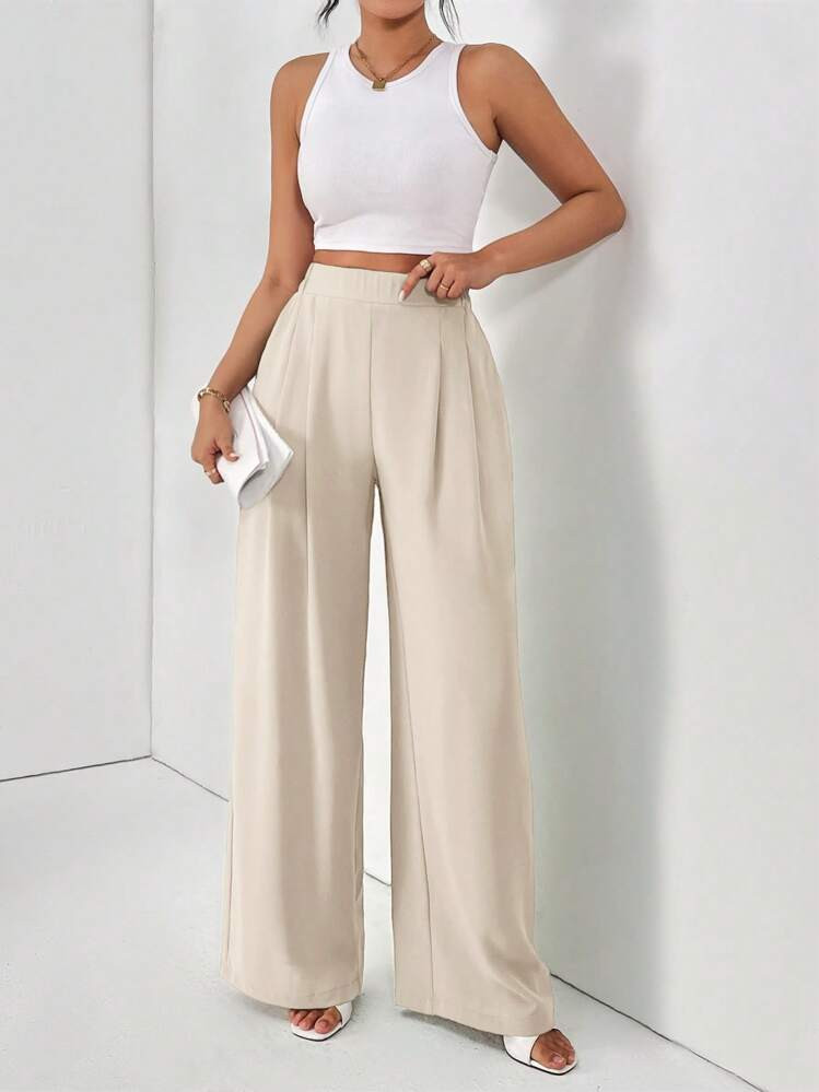 SHEIN Frenchy Women's Solid Color Fold Pleat Elegant Commuter Basic Long Pants,Cargo Pants | SHEIN